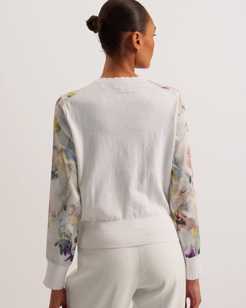 HAYLOU-Knitwear-It's all in the details: Cardigan Woven front and sleeves Floral print detail Cotton silk blend back Scallop knitted trims Ribbed hem Button fastenings Stephanie is 5'8.5" / 1.74m and wears White in a Ted size 1- Ted Baker Romania